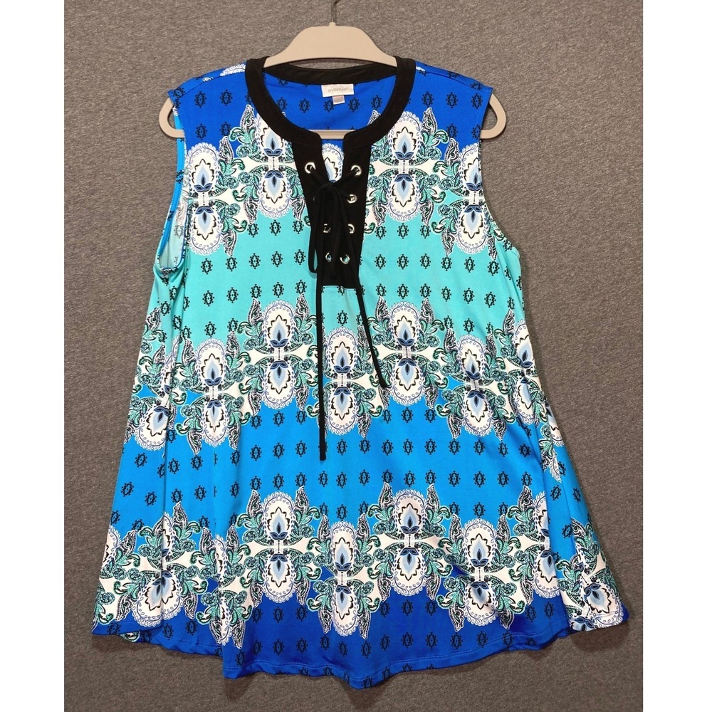 Avenue Womens Blue Ombre Medallion Lace‎ Up Grommet Sleeveless Top 14/16